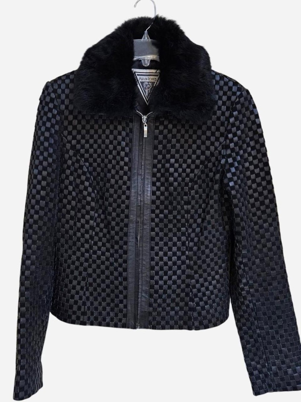 Marvin Richards Black Checkered Faux Fur Collar Jacket